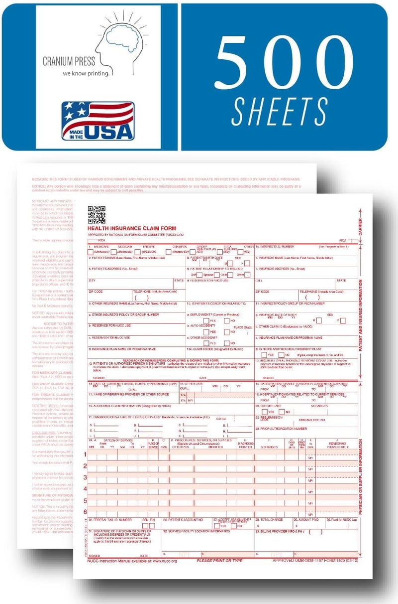 Cranium Press CMS 1500 Claim Forms - 500 Sheets | New Version HCFA 1500 02/2012 Revision | Laser & Inkjet Compatible Health Insurance Claim Forms for Accurate Medical Billing - Image 5